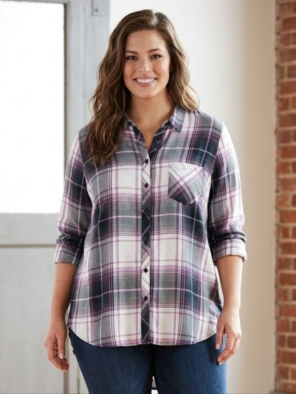 Plaid Button-Down Shirt Plus Size 2X (20W-22W) Rayon Purple Gray